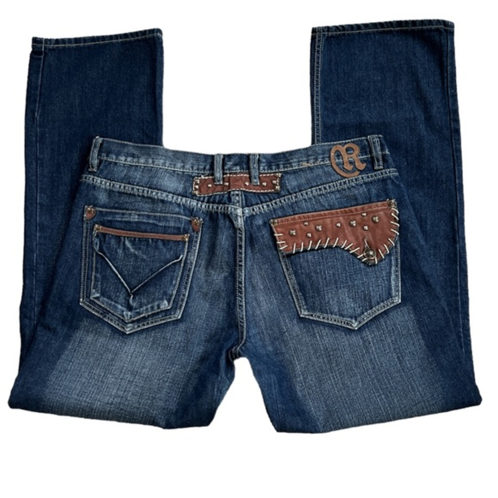 Request Men's Embellished Faux Leather‎ Pocket Straight Leg Jeans Sz. 40
